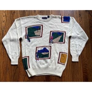 Vintage 90s Hathaway Golf Sweater Mens Size Medium Hand Intarsia Knit Cotton